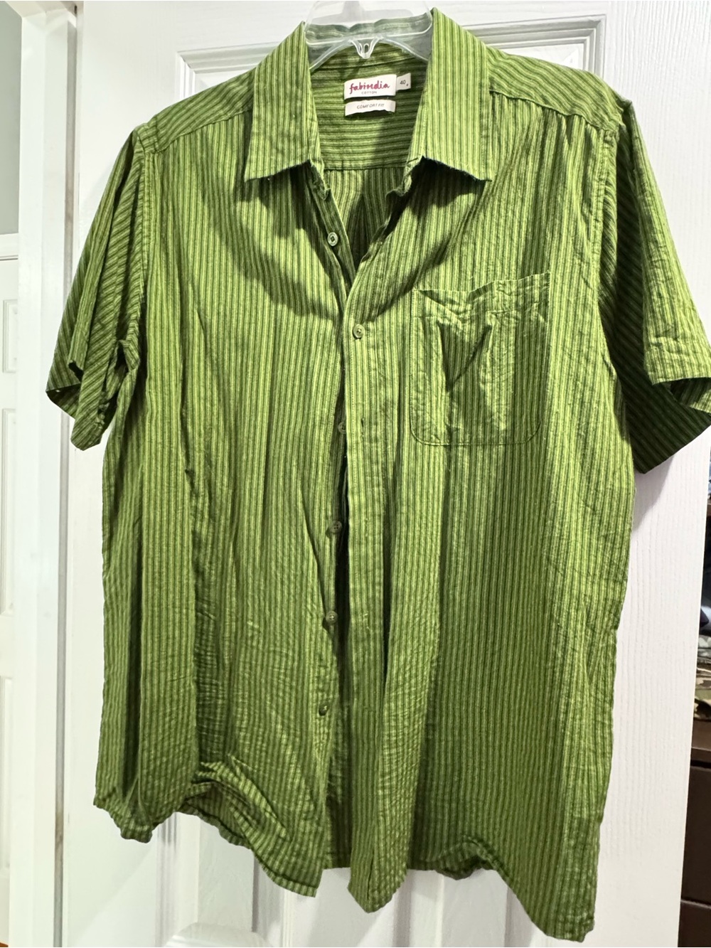fabindia Olive Green Short-Sleeve Striped Button-Down Shirt